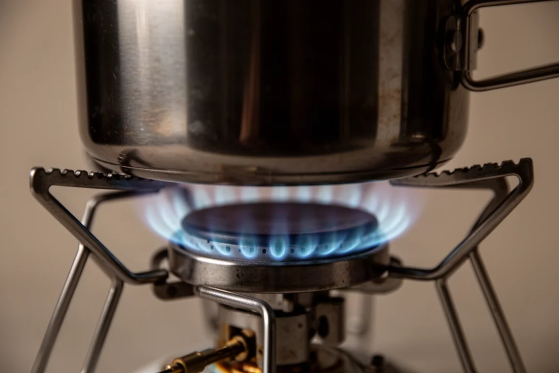 Close-up of a ring of blue flames under a steel pot on a camp stove burner