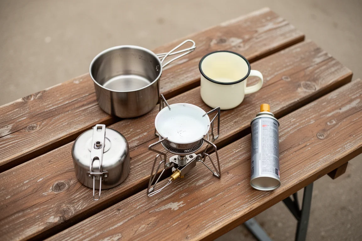 Overhead flat-lay of a small pot, mug, folded camp stove and fuel canister on wood