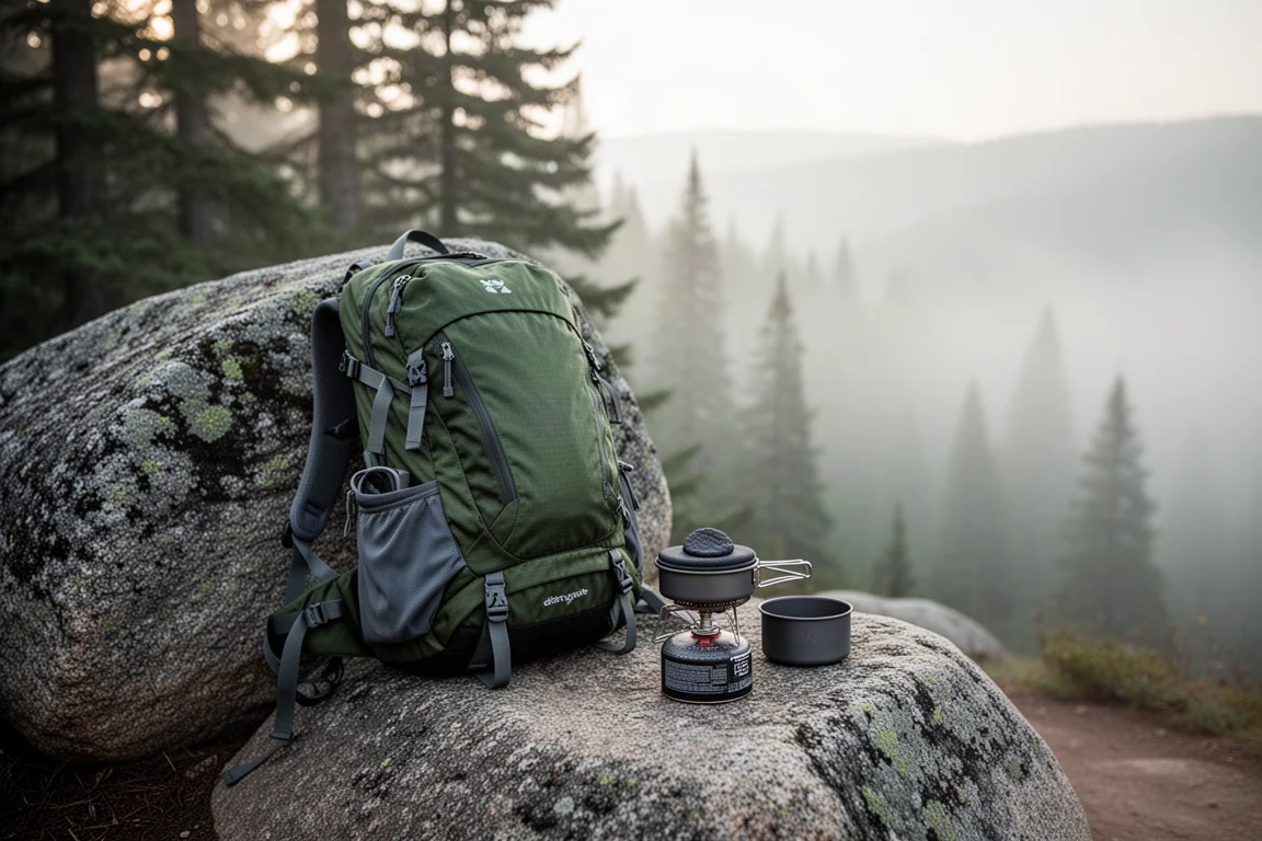 Hiking backpack with stove case and cook kit laid out on a boulder at a trailhead