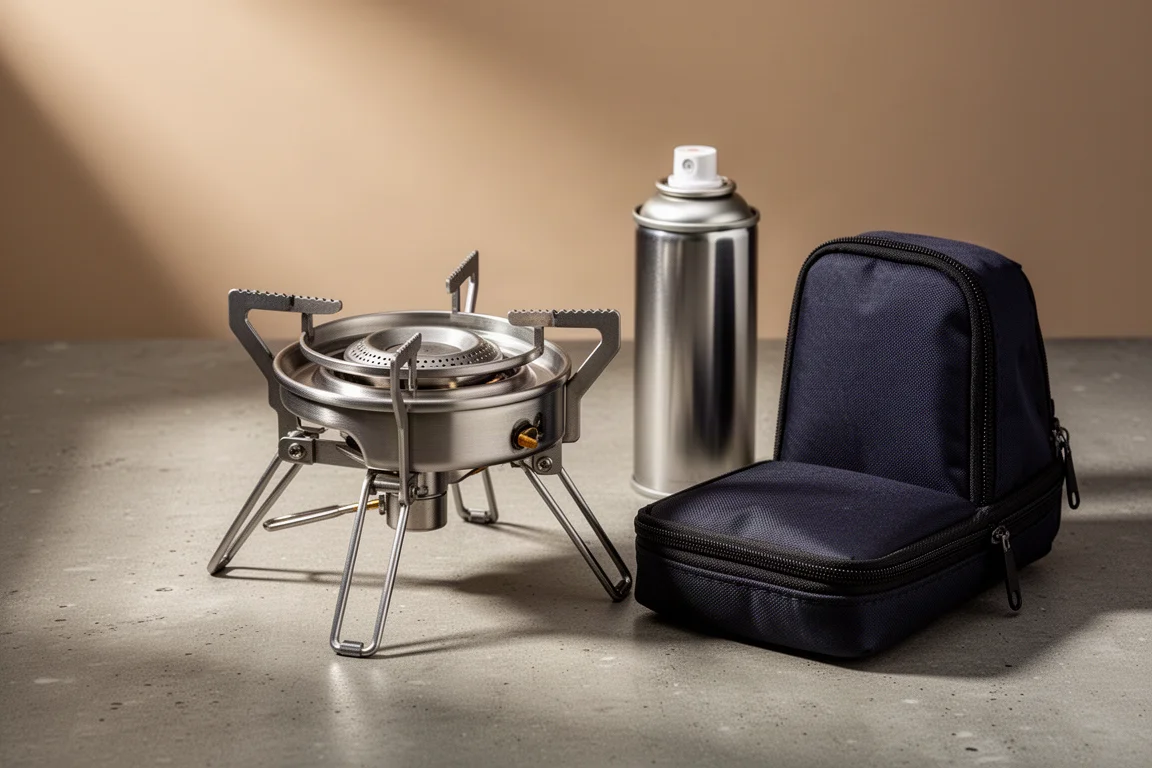 Compact butane camp stove with canister and storage case on a concrete surface