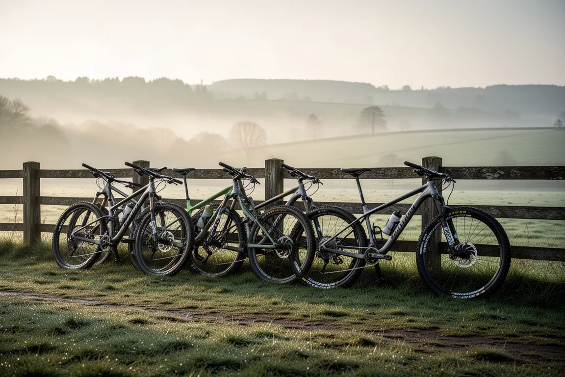 Quatre vélos de course cross-country appuyés contre une clôture en bois au départ d'un sentier brumeux à la campagne