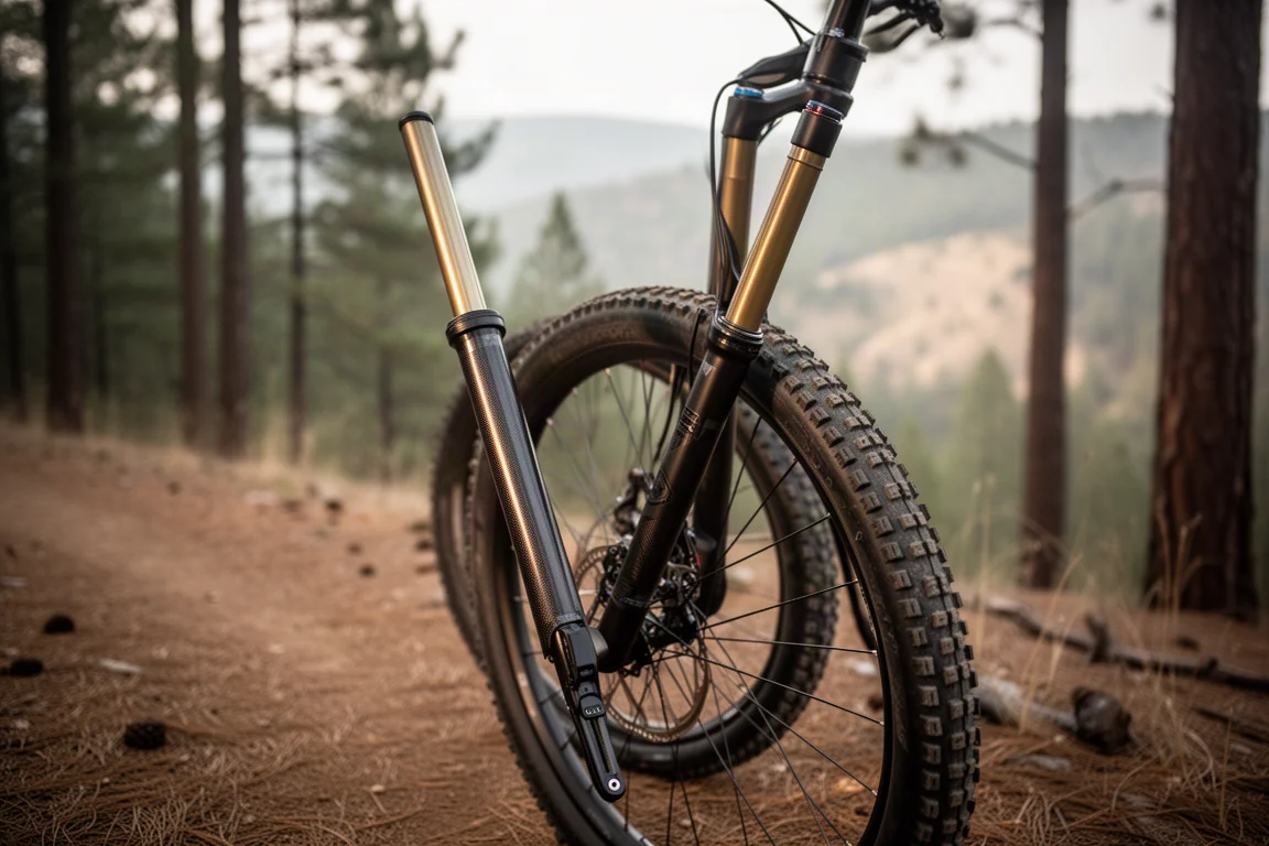 Gros plan sur une fourche suspendue en carbone à un seul bras et un pneu avant à profil bas sur un vélo de course