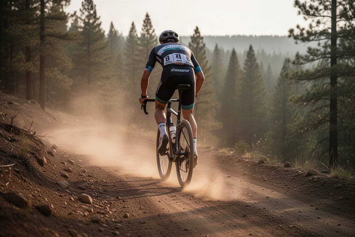 Cycliste grimpant une piste caillouteuse raide à l'heure dorée avec une forêt de pins en arrière-plan