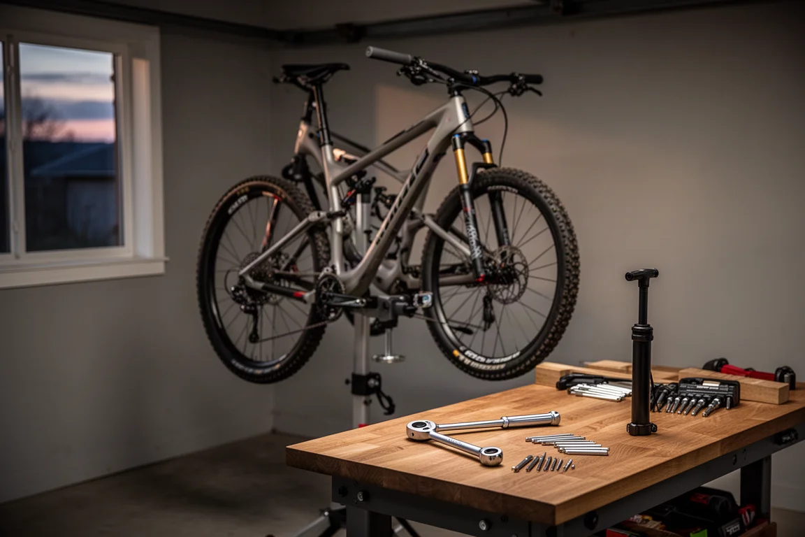 Vélo de course sur un support d'atelier avec clé dynamométrique et pompe à amortisseur sur un établi en bois