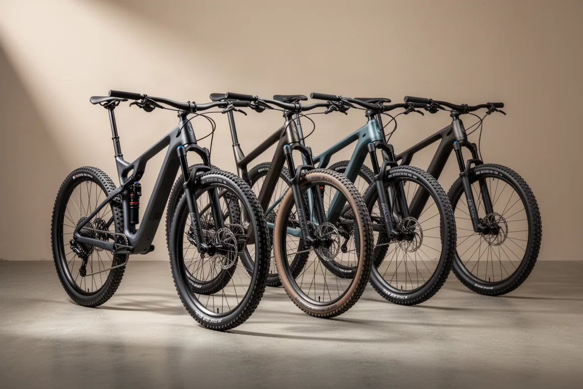Quatre vélos de course cross-country alignés sur un sol en béton mat sous un éclairage de studio doux