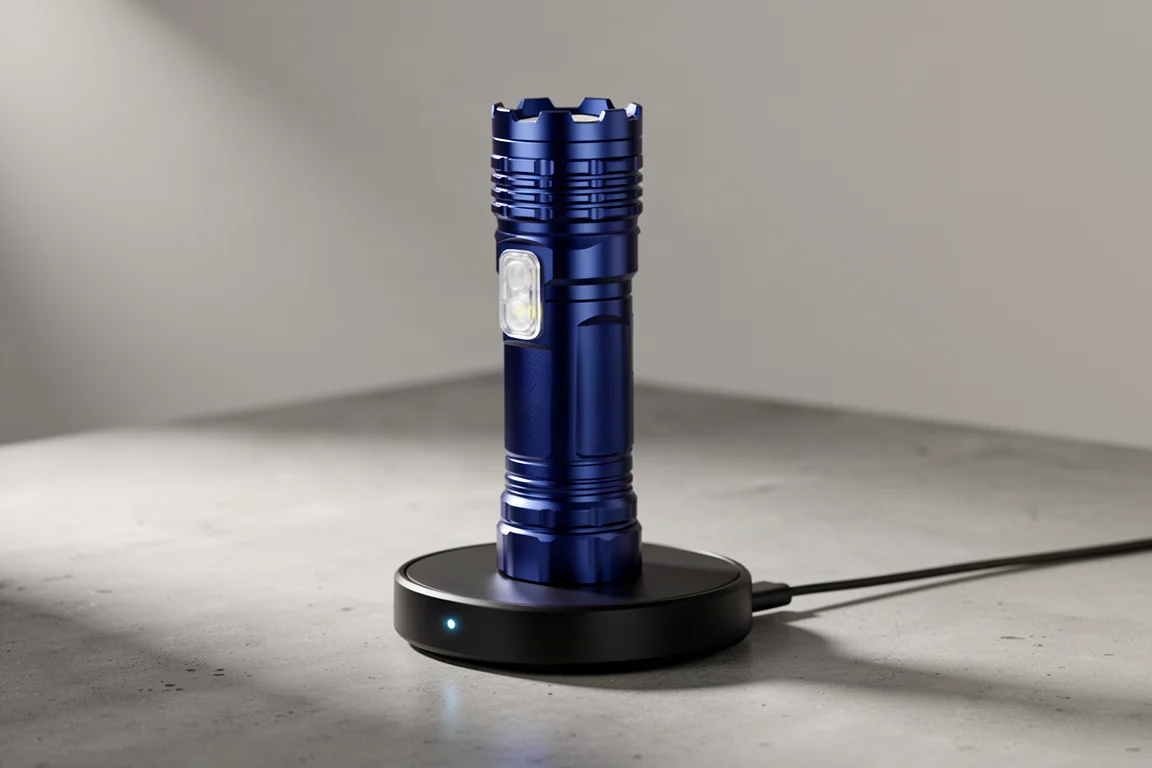 Blaue Aluminium-Taschenlampe auf ihrer induktiven Ladestation stehend mit leuchtender Status-LED