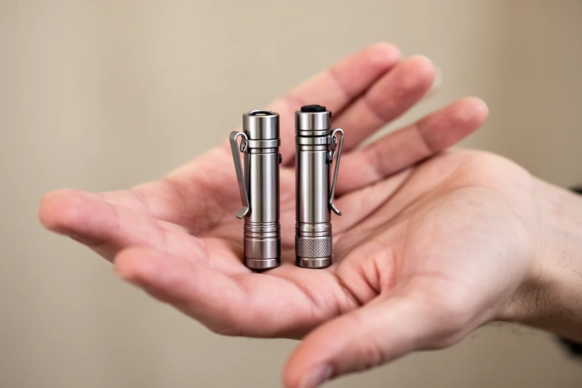 Twee compacte titanium zaklampen naast elkaar in een open hand om het kleine formaat te tonen