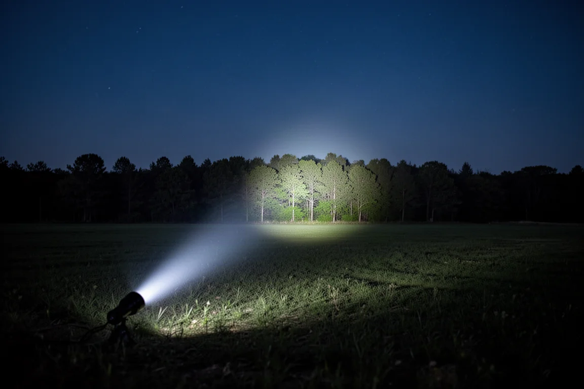 Lichtbundel van een zaklamp die door de nachtelijke duisternis snijdt met een scherpe hotspot op verafgelegen bomen