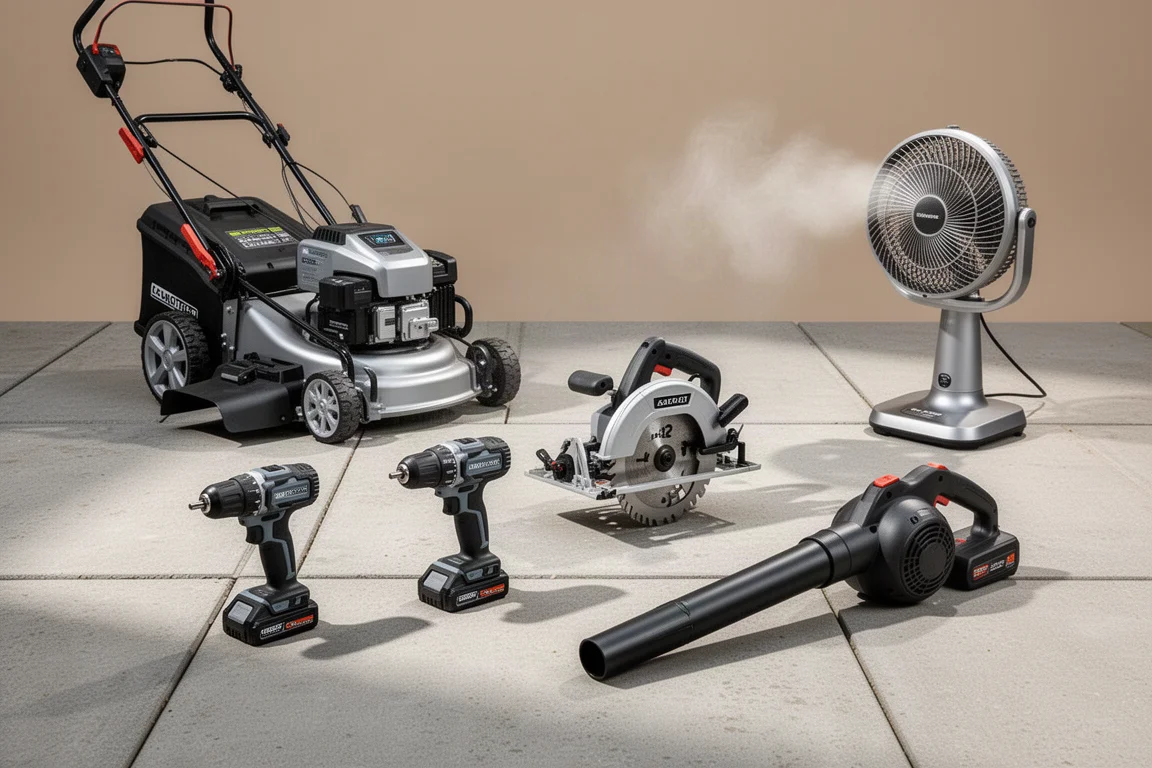 Cordless power tools and outdoor equipment arranged on a concrete patio