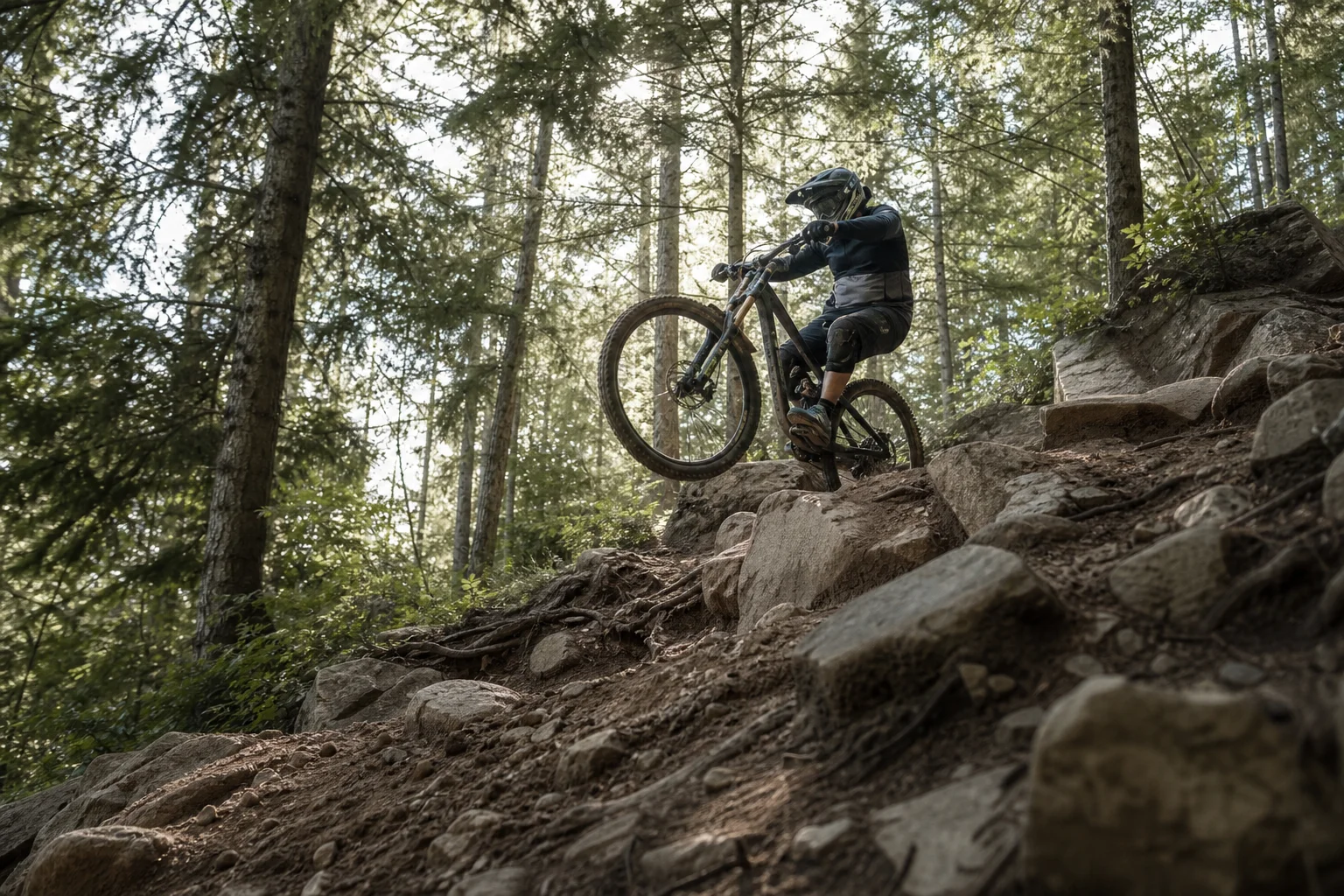 Mountainbiker bei der Fahrt durch technisches Downhill-Gelände