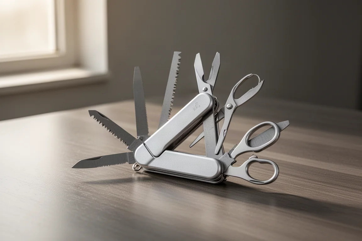 Compact zakmes met opengeklapte, op elkaar gestapelde tools op een houten bureau