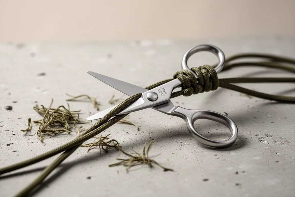Klein schaartje van een zakmes dat paracord knipt