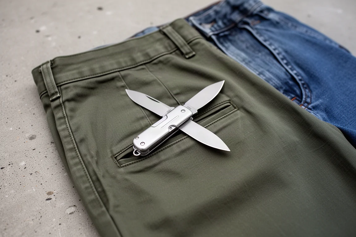 Zakmes dat in het kleine vijfde zakje van een jeans glijdt