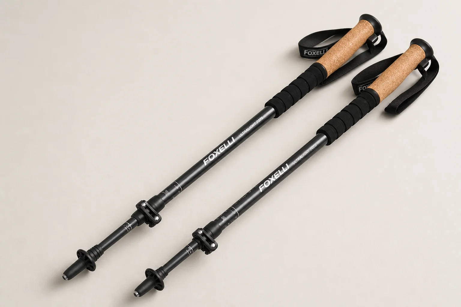 Five trekking poles in different styles arranged on concrete surface
