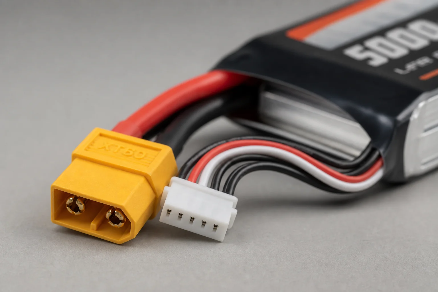 Close-up of LiPo battery connector and balance lead details