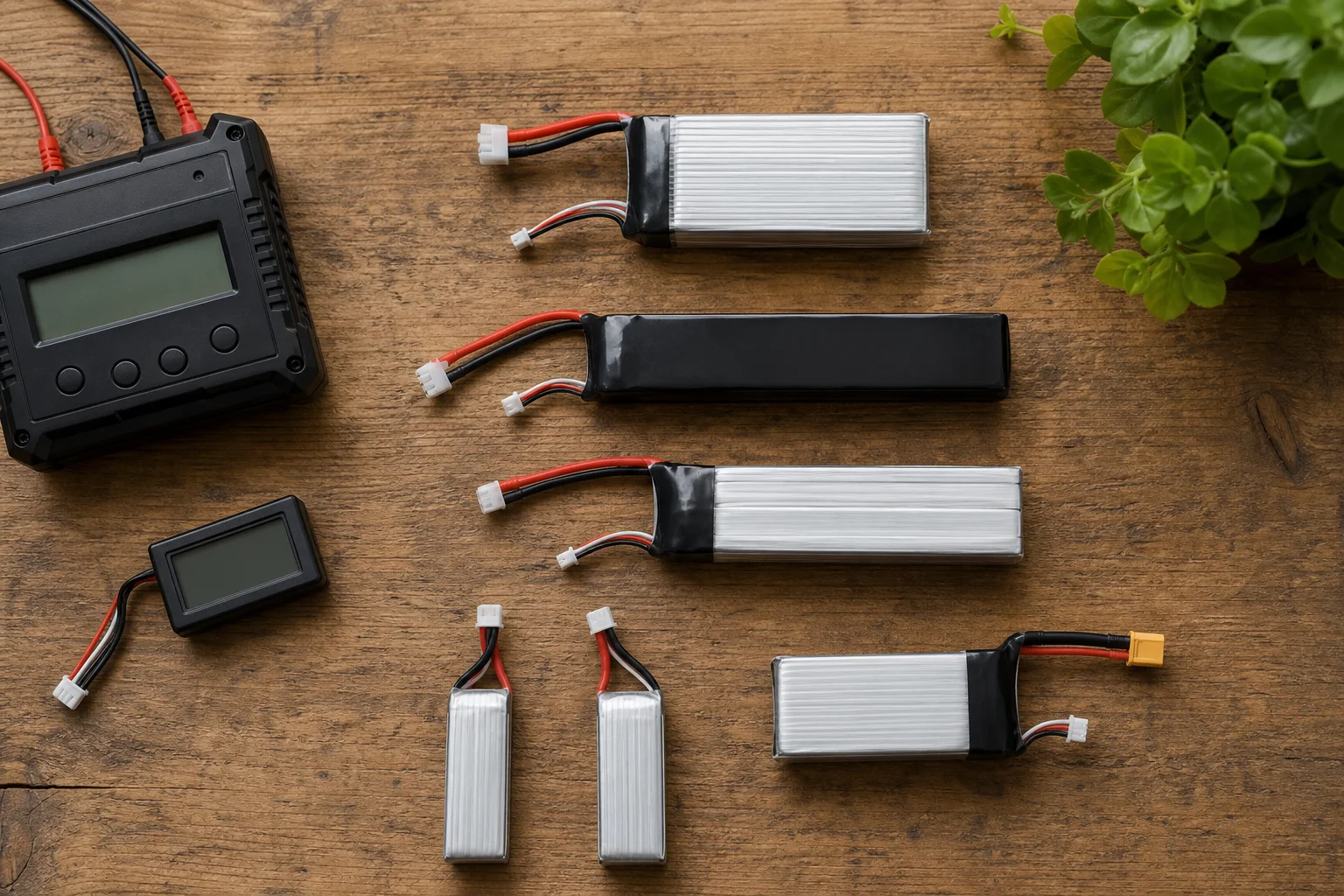 Multiple LiPo batteries on workbench with charger and voltage meter