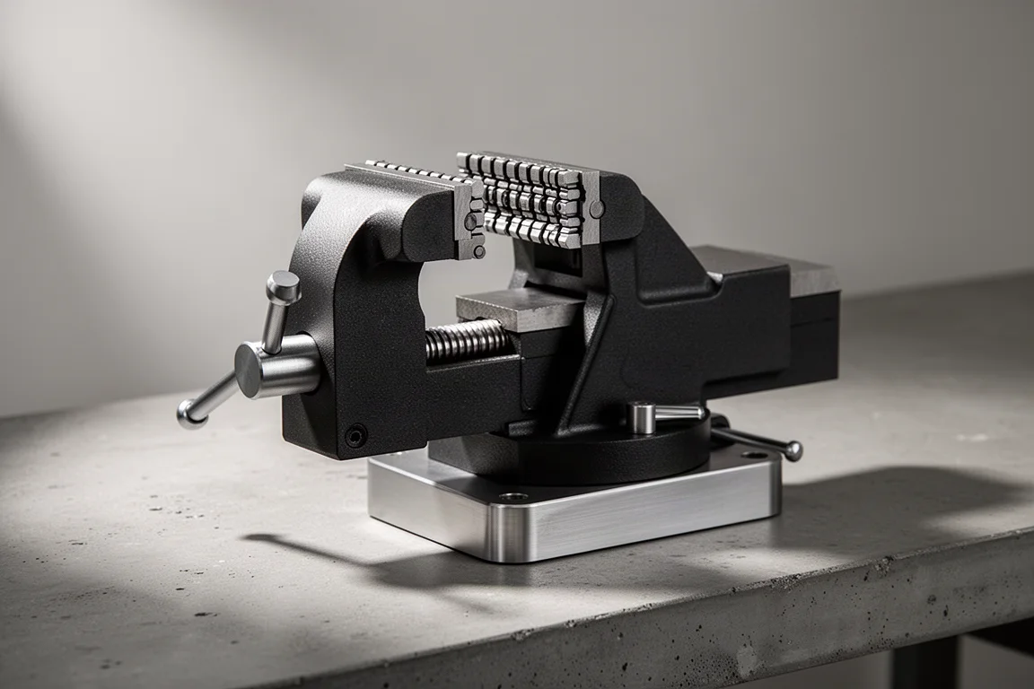 Fractal Vice with segmented rotating jaws on a workbench