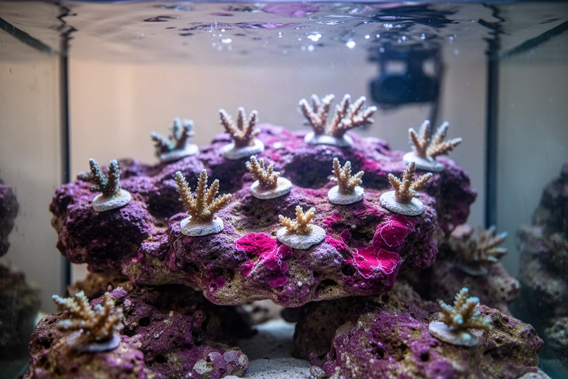 水族燈光下布滿紫色鈣藻的活礁岩特寫