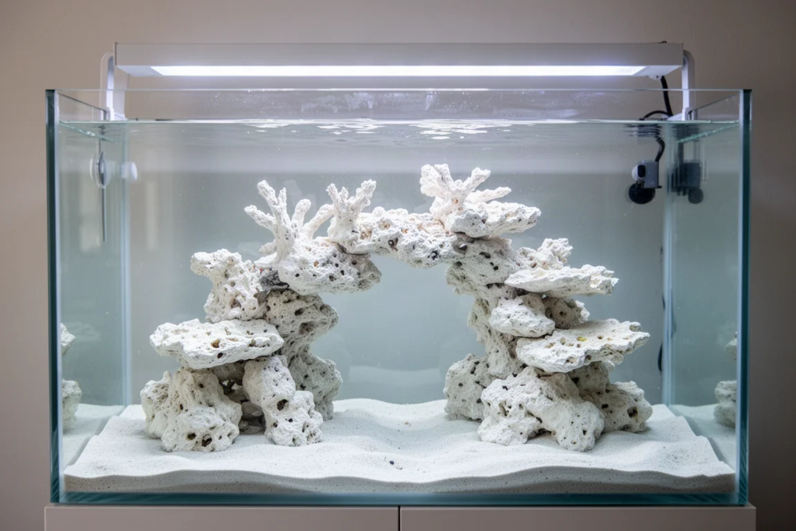 潔淨燈光下新設水族箱中亮白色乾礁岩造景