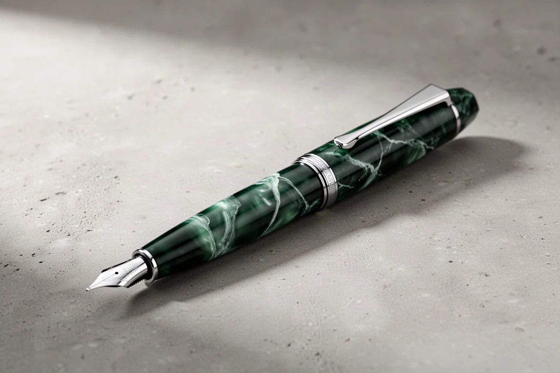 Green marble-patterned fountain pen with silver trim on a concrete surface