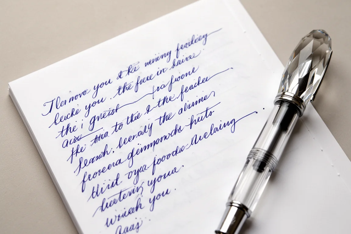 Schrijfproef van een vulpen op wit papier met zichtbare lijnvariatie