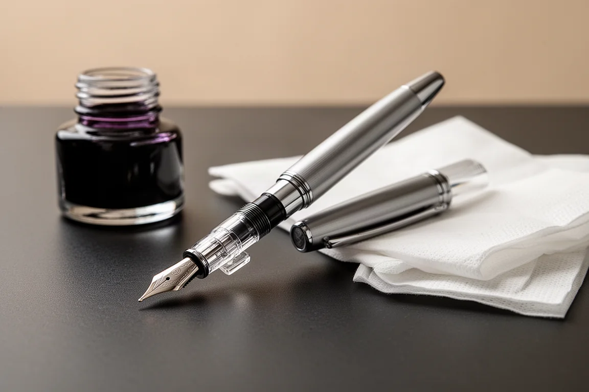 Nib en converter van een vulpen liggen uit voor reiniging na het vullen