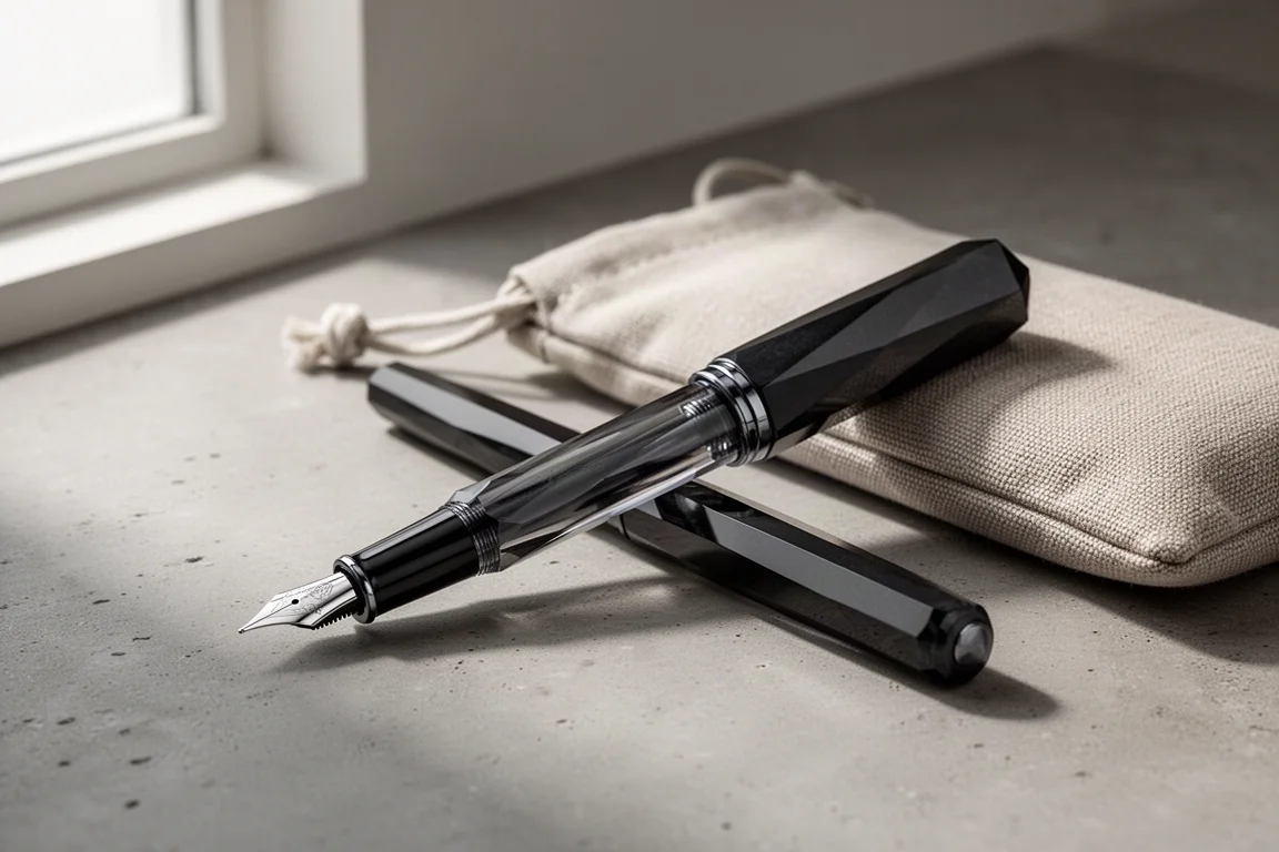 Large faceted fountain pen lying beside a soft pen pouch on a concrete surface