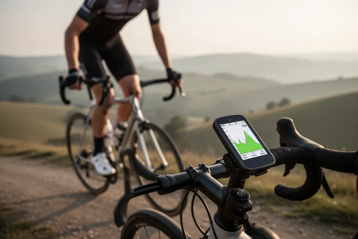 Cyclist riding up a rolling climb with a GPS computer on the handlebars
