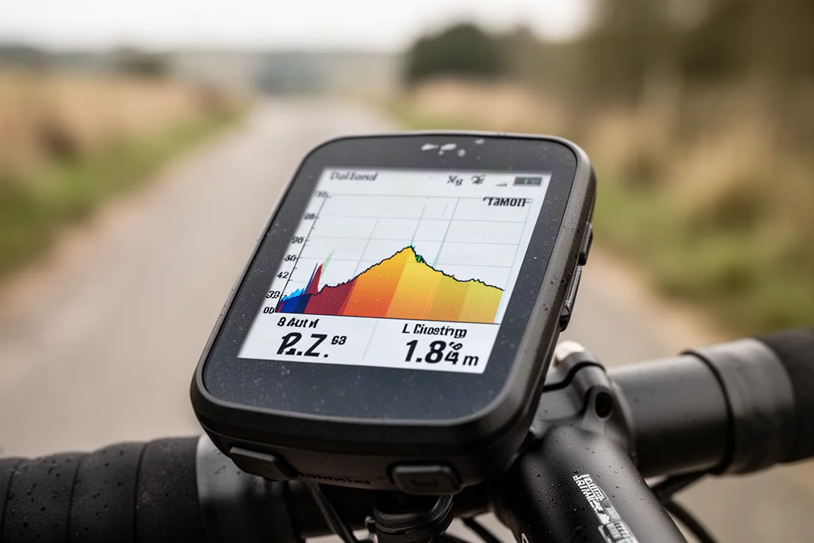 Close-up of a cycling computer screen showing gradient and elevation profile data