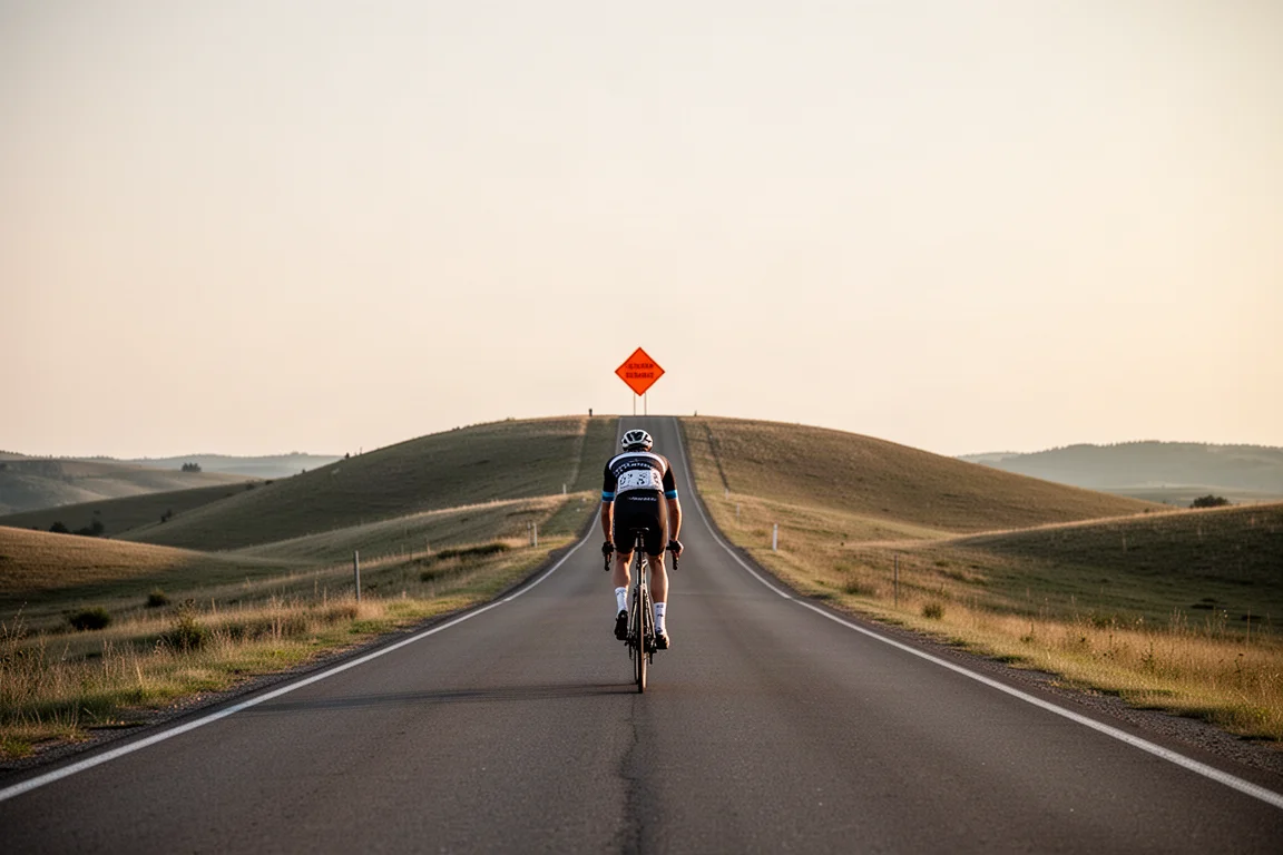 Cyclist cresting a summit with a flat, ambiguous top on a mountain road
