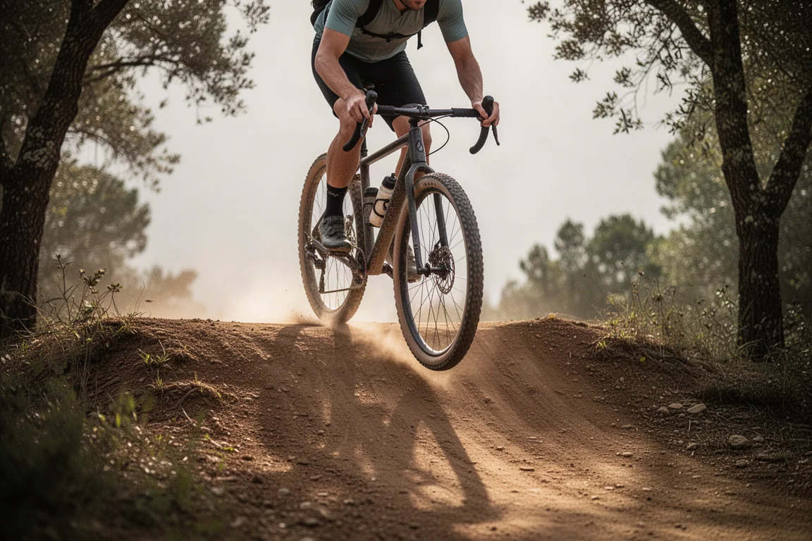 Gravel cyclist climbing a short steep off-road ramp