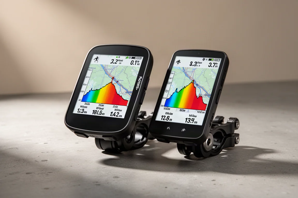 Twee GPS-fietscomputers naast elkaar gemonteerd met klimgegevens op het scherm