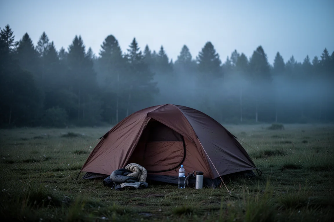 Small brown tent pitched in a grassy clearing at dusk with mist behind