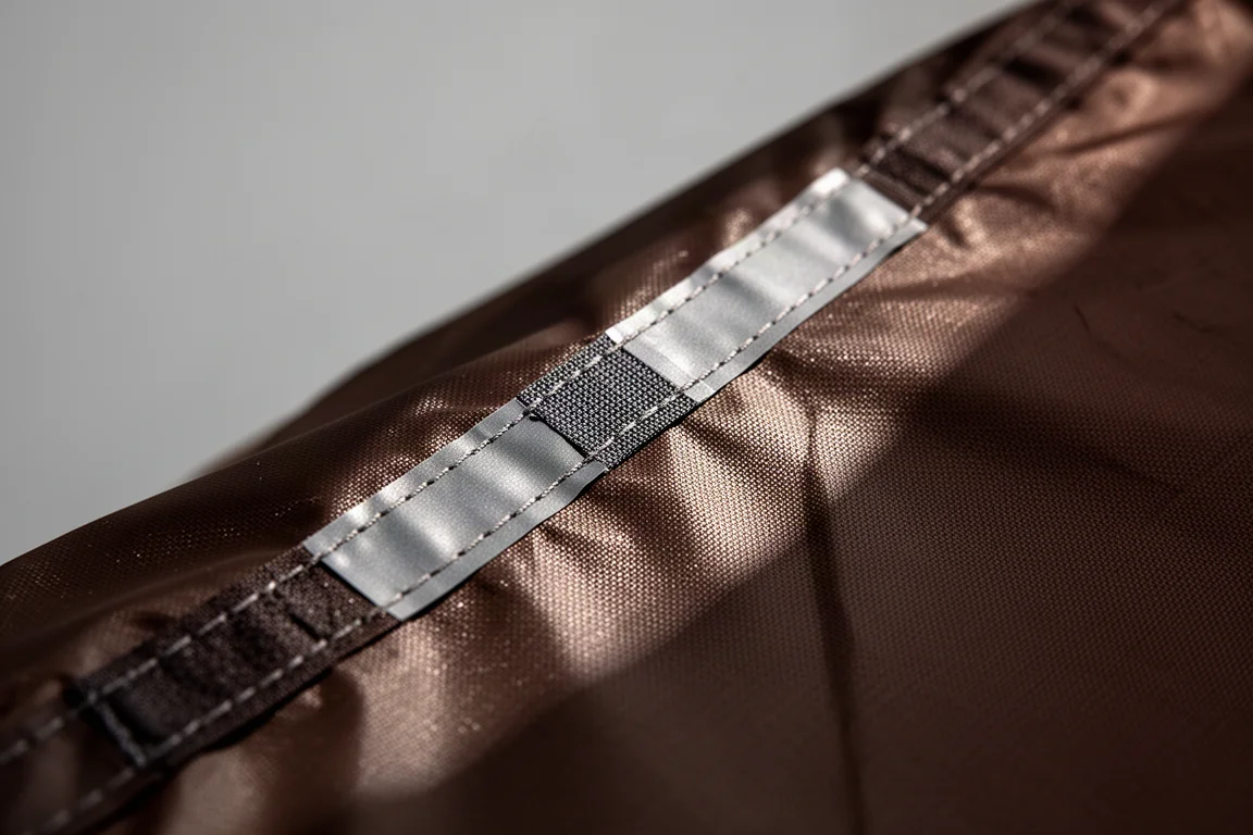 Close-up of taped seam and stitching on brown tent fabric