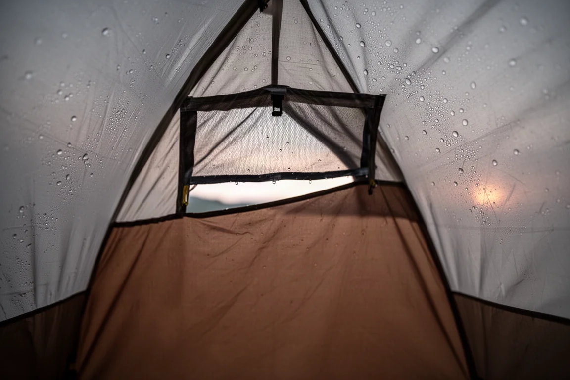 Condensation droplets on the inside of a tent fly with a small mesh vent