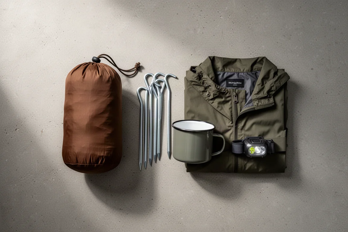 Overhead flat-lay of camping gear with a packed tent and aluminum stakes