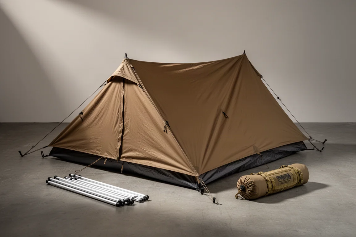 Coyote brown one-person tactical-style tent pitched on concrete with pole segments beside it