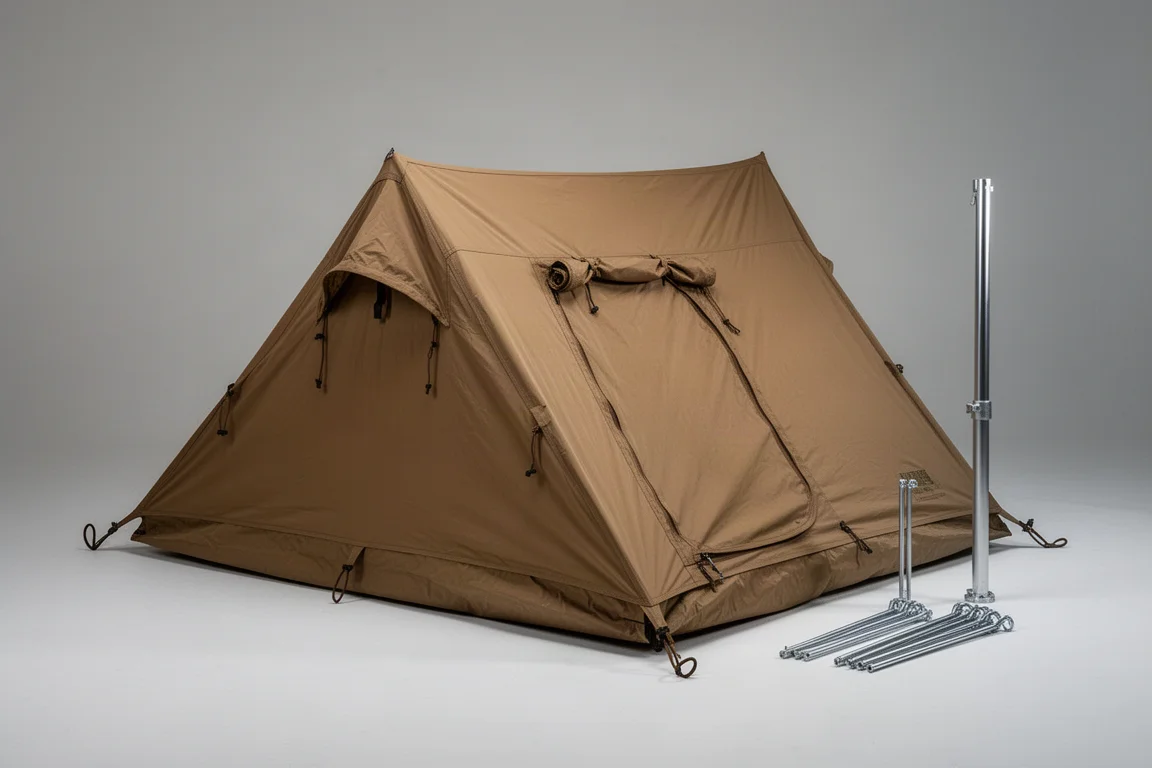 Coyote brown one-person tactical-style tent pitched on a matte concrete surface