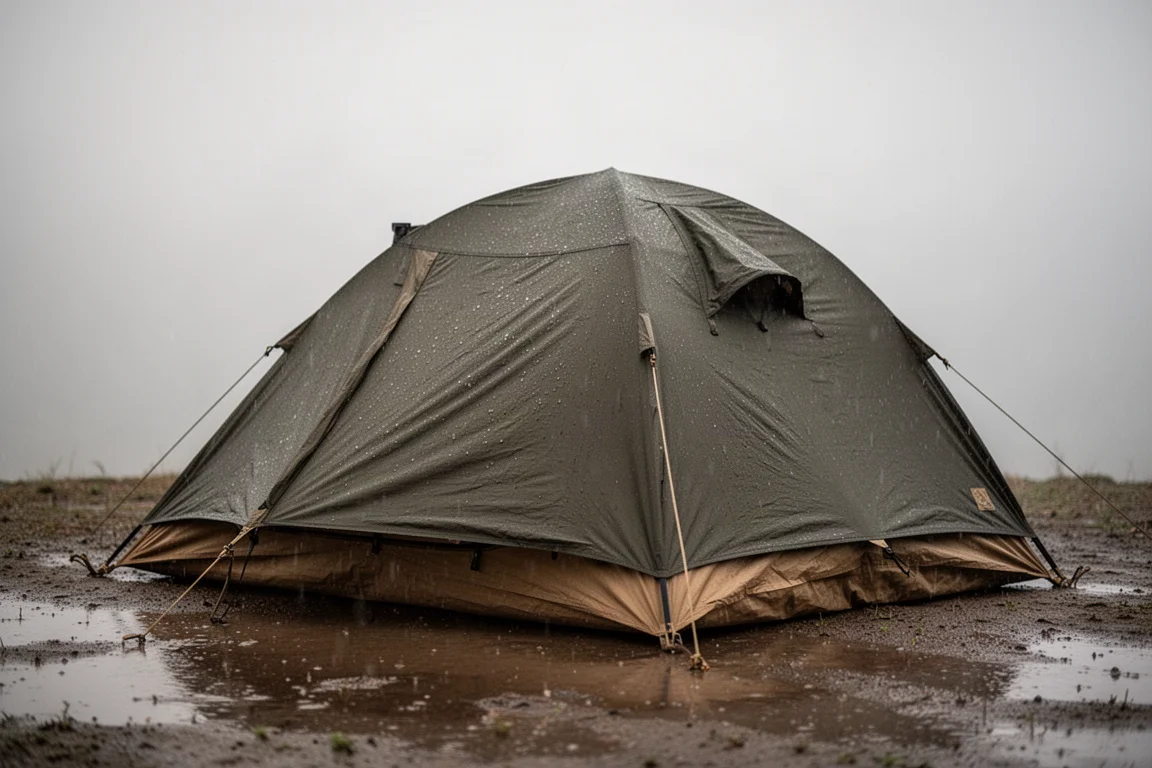 Compact tactical-style one-person tent pitched on damp ground with rain fly fitted
