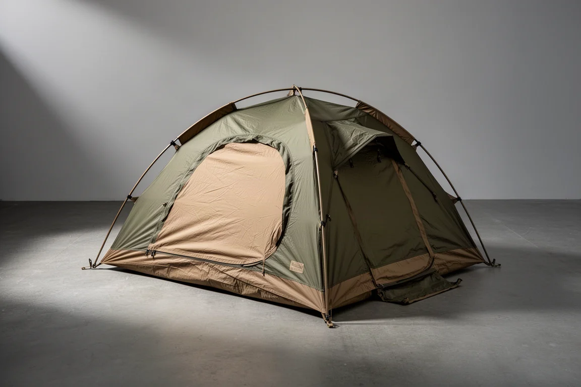 Compact olive one-person tactical-style camping tent on a neutral concrete surface