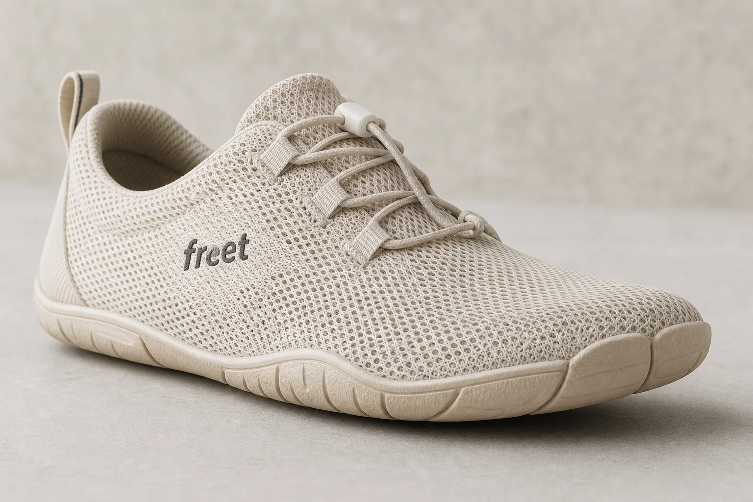 Sette modelli di scarpe barefoot disposti su una superficie in cemento