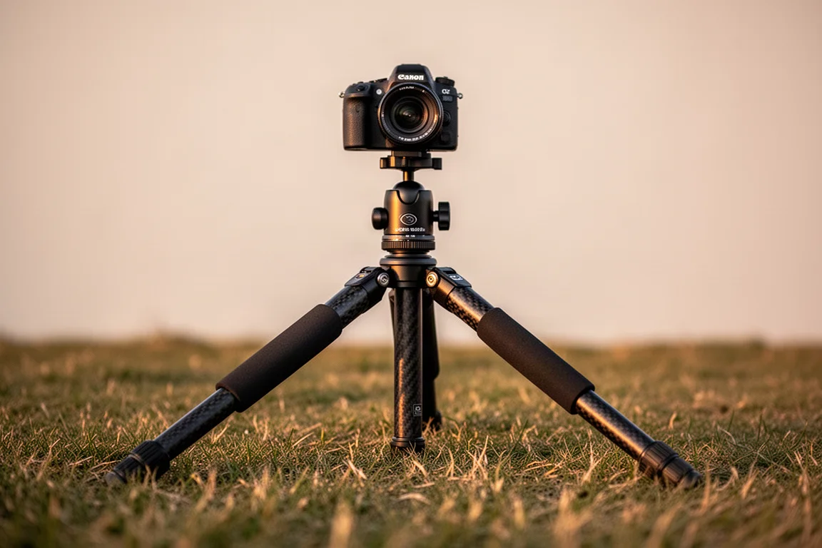 Stativben utspädda lågt mot marken för lågvinkel fotografering på gräs