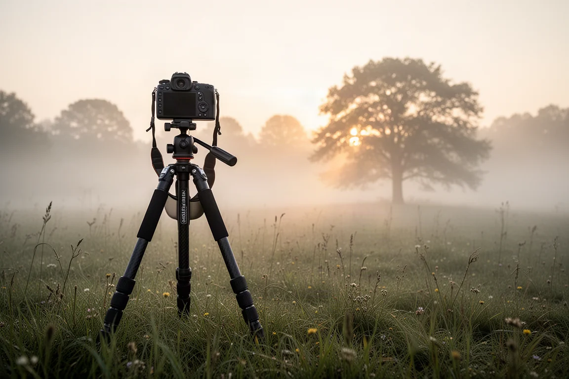 Fotograf som filmar fåglar i gryningsljus med ett lätt resstativ på en äng