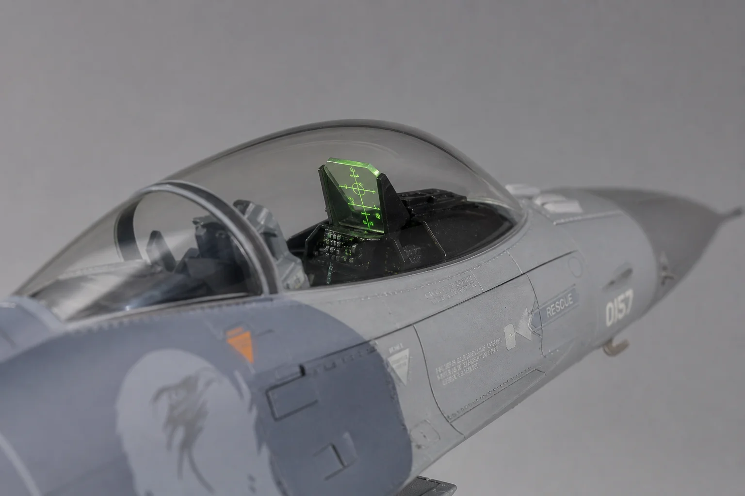 Close-up detail of RC jet cockpit with LED lighting and scale features