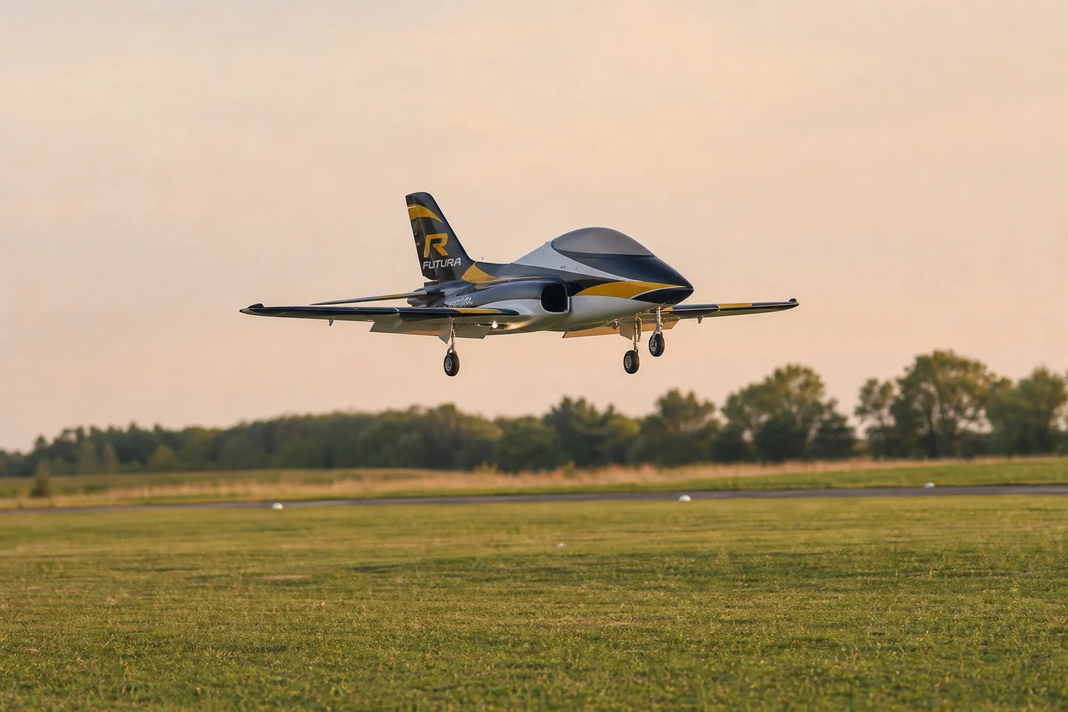 RC jet executing a smooth landing approach with gear extended