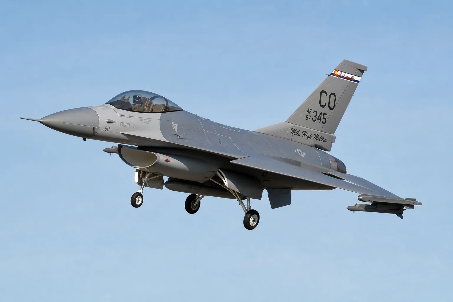 Freewing F-16 V2 90mm RC jet in flight with landing gear extended