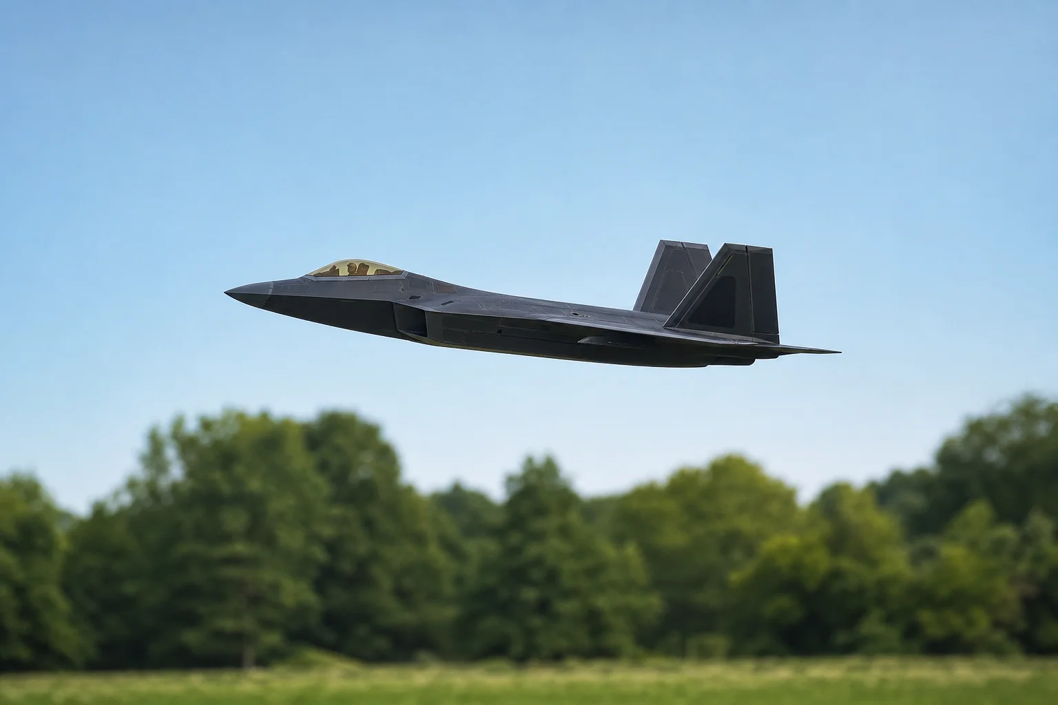 Avión jet RC en vuelo contra un cielo azul con árboles debajo