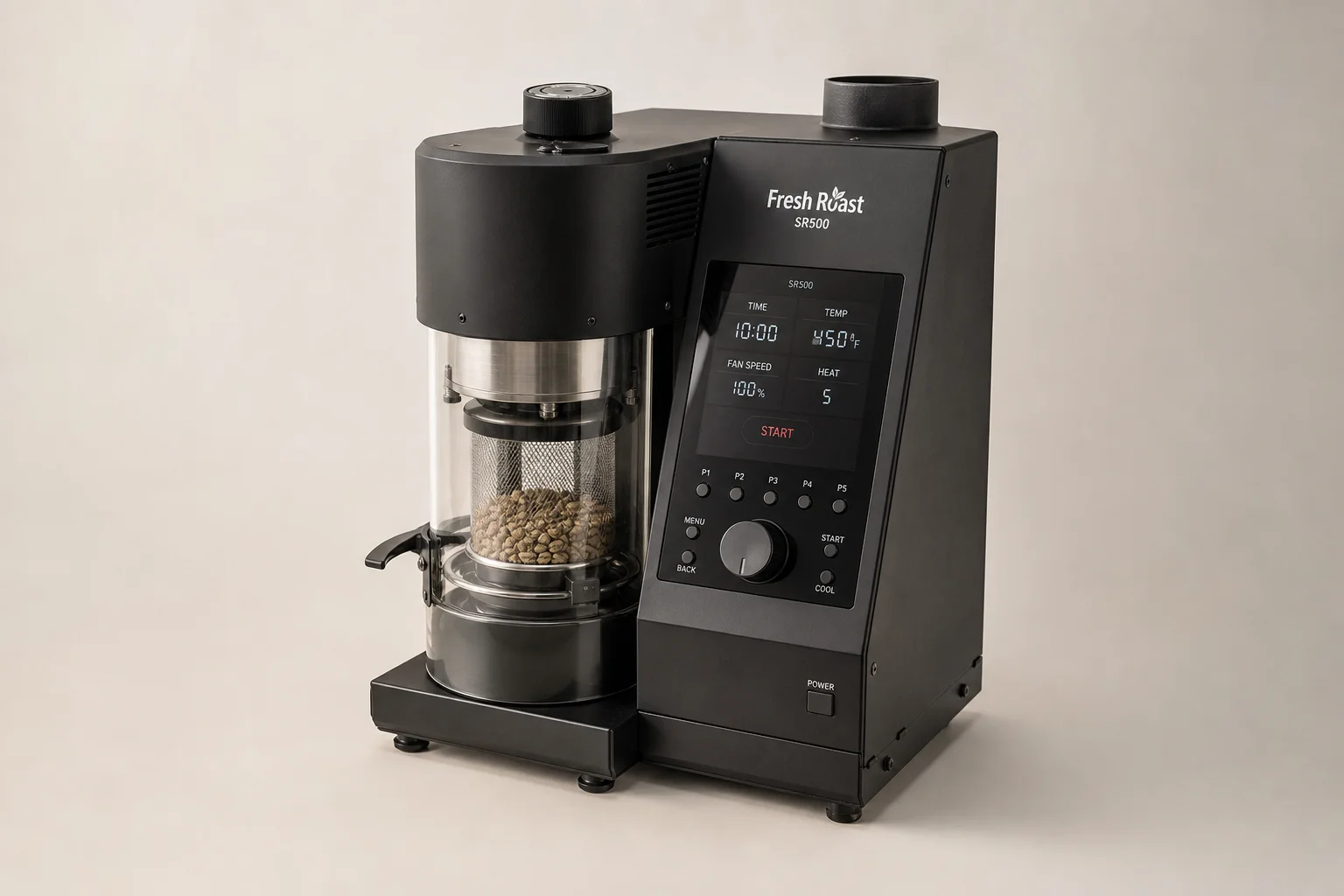 Home coffee roasting equipment including popcorn popper, green and roasted beans, colander, and scale