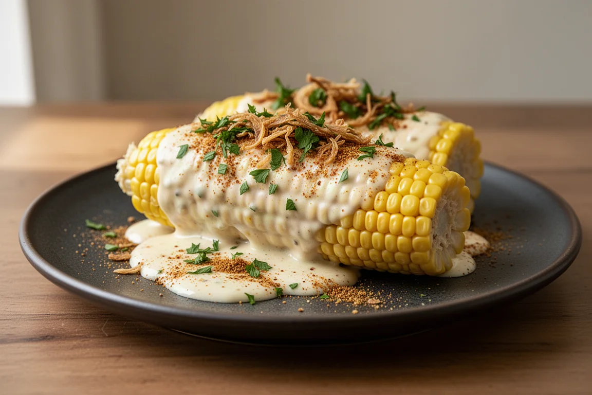 Maiskolben mit cremigem Elote-Belag auf einem dunklen Teller