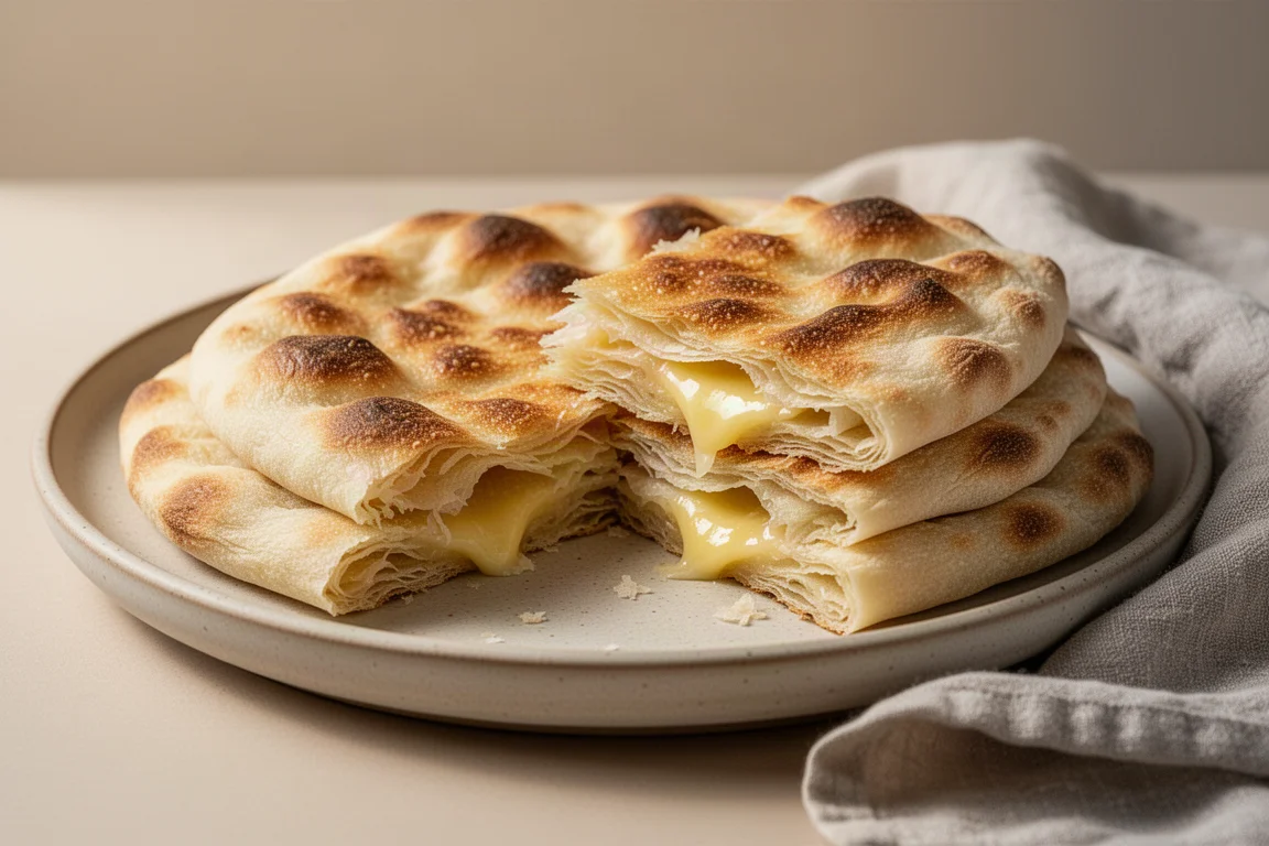 Blättriges Paratha-Fladenbrot, aufgebrochen auf einem neutralen Teller